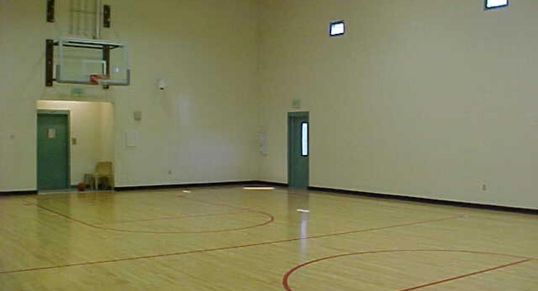 Inside of gymnasium featuring equipment for large muscle exercise and physical education.